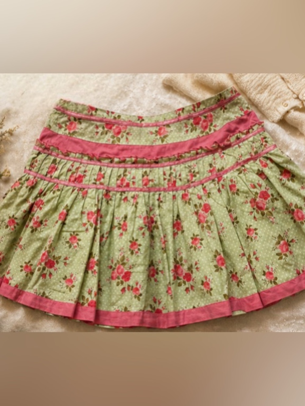 Angie Boho Floral Mini Skirt Cottagecore Y2K Pink Green Pleated Size M